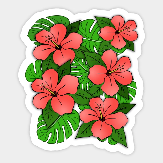 Hibiscus Flowers & Monstera Leaves Sticker by headrubble